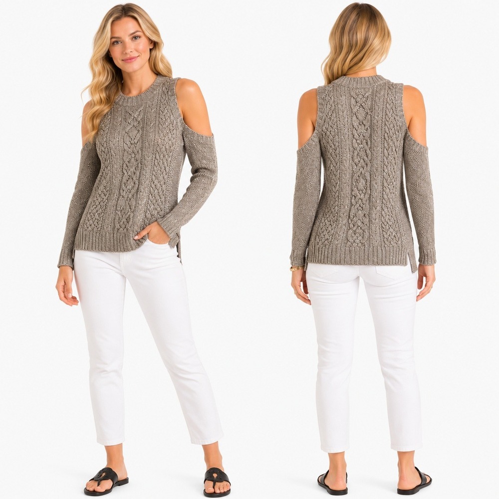 BCBG Max Azria Arlene Sweater‎ XXS Champagne Shimmer Cold Shoulder Knit Top